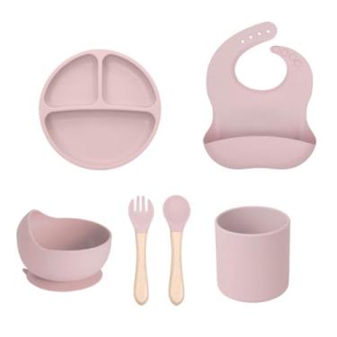 Imagem de Conjunto de Pratos Silicone para Crianças Alimento Complementar Bebê Incluindo Babador Prato com Divisórias Tigela Copo Água Colher e Garfo Macio Dividido Ventosa Seguro Alimentação Independente