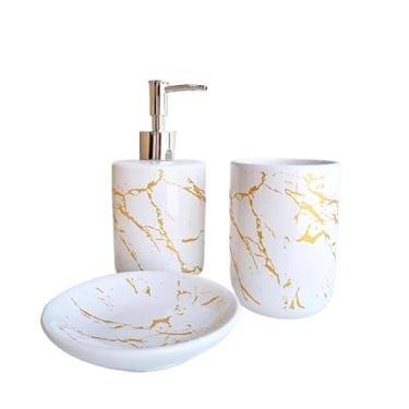 Imagem de Kit Banheiro Cerâmica 3 Peças Porta Sabonete Líquido Saboneteira e Porta Escovas Elegante(BRANCO)