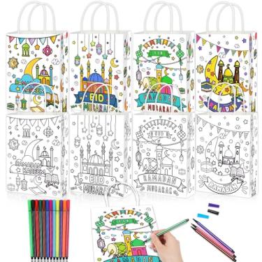 Imagem de HOWAF 24 sacos de presente para colorir Ramadan Eid Mubarak com canetas de tinta para crianças, sacos de doces para colorir Ramadã Mubarak Ramadan Kareem caixas de presente para colorir com alça para