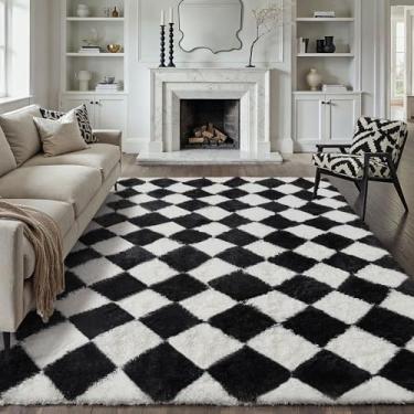 Imagem de HUGEAR Tapete quadriculado, 15 x 23 cm, preto, branco, moderno, lavável, tapete de área grande, macio, macio, macio, tapete felpudo aspirável para quarto, decoração de casa, antiderrapante