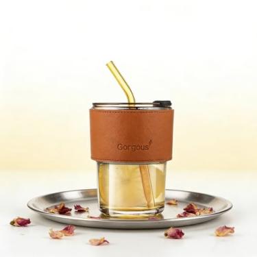 Imagem de Copo de água de 368 g, copo de café gelado com tampa e canudo, caneca de vidro de parede grossa para água de chá, ótimo presente para pais e amigos (âmbar)