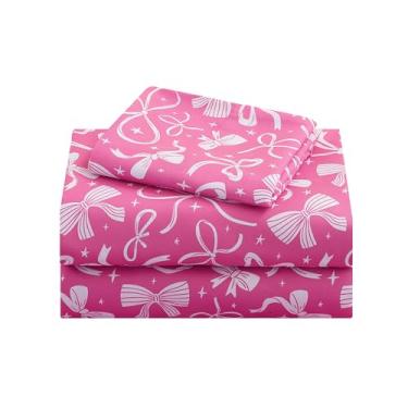 Imagem de lasoftan Jogo de lençol infantil, solteiro, com estampa de laço rosa, microfibra macia e sedosa respirável