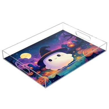 Imagem de xigua Bandeja de servir de acrílico fantasma de Halloween com alças à prova de derramamento, bandejas decorativas de festa de Halloween, bandeja organizadora de bancada para banheiro, cozinha, 30,5 x