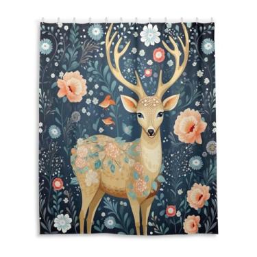 Imagem de Wassud Conjunto de cortinas de chuveiro de veado e flores para banheiro à prova d'água com 12 ganchos 152 x 182 cm