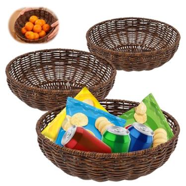 Imagem de Conjunto de 3 cestos de vime redondos feitos à mão, cestos de vime redondos versáteis com 3 tamanhos diferentes, estojo de pão para servir adequado para balcão de cozinha, mesa de jantar e decoração