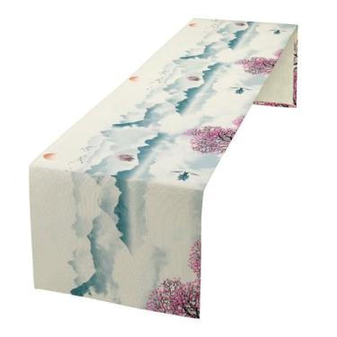 Imagem de Caminho de mesa de paisagem asiática, cerejeira chinoiserie vintage lavagem de tinta rosa azul configuração sol corredor de mesa para cozinha casa festa decoração de mesa de jantar 33 x 91 centímetros