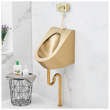 Imagem de pcagfaajmh Mictório de descarga masculino de aço inoxidável, lavagem comercial mictório de alta eficiência mictório dourado criativo, vaso sanitário suspenso na parede