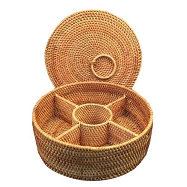 Imagem de pcagfaajmh Cesta de frutas com tampa, caixa de armazenamento de vime, bolsa para chaves, artigos diversos, tampa retangular redonda feita à mão