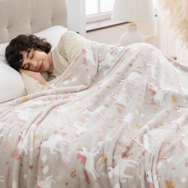 Imagem de Sushing Cobertor de lã de desenho animado, decoração de casa com personagens de animais fofos, presente leve e macio para adultos e crianças, lavável na máquina, 177,8 cm x 228,6 cm, unicórnio