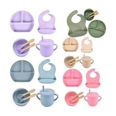 Imagem de Peças Talheres de Silicone para Bebê com Ventosa – Prato, Tigela, Copo, Colher, Garfo, Babador Infantil (8 pcs/cor para menino)