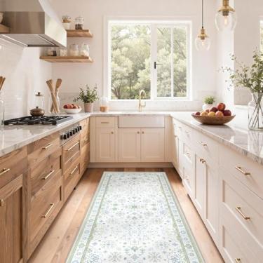 Imagem de GENIMO Tapete de corredor de 6 x 15 cm, lavável na máquina, antiderrapante, tapete leve para quarto, corredor, entrada, cozinha, banheiro, verde creme