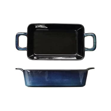 Imagem de VHDY85KA Caçarola 600 ml Cerâmica Dupla Orelha Assadeira Vintage Forno Trocador Restaurante Doméstico Prato Vegetal Assar Queijo Prato de Arroz para Cozinhar (Azul)