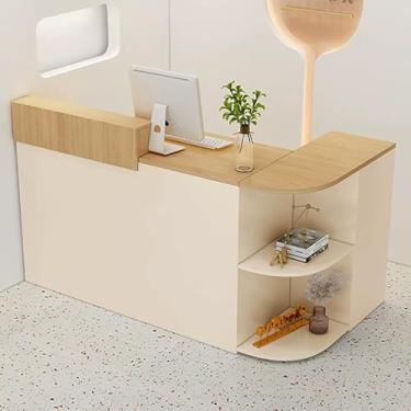 Imagem de Mesa de recepção moderna em forma de L grande com gaveta trancável - Balcão de caixa de varejo para sala de recepção - Mesa de balcão frontal com armário lateral (bege A, 160 x 50 x 100 cm)