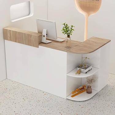 Imagem de Mesa de recepção moderna em forma de L grande com armário lateral e gaveta com trava, balcão de caixa de varejo para sala de recepção, balcão de recepção branco (120 x 50 x 100 cm)