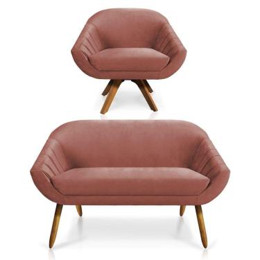 Imagem de Kit 01 Namoradeira 02 Lugares E 01 Poltrona Giratória Giovana Veludo Rosê Base Madeira