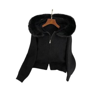 Imagem de Cardigã Feminino Com Capuz E Gola De Pele De Raposa Natural, Casaco De