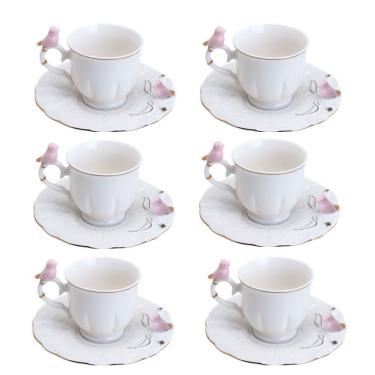 Imagem de Jogo 6 Xícara De Café Porcelana Rosa E Branca Birds Pássaro Com Pires 100ml Wolff