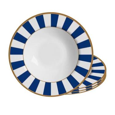 Imagem de Jogo 4 Prato Fundo de Cerâmica Azul e Branco Listras Stripe Azul Allea
