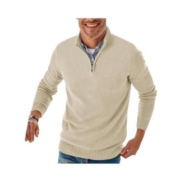 Imagem de Suéter Masculino De Tricô Com Zíper E Gola Alta, Manga Longa, Casual E