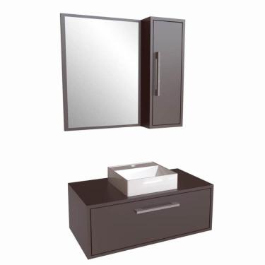 Imagem de Gabinete de 80cm Alice Grafite com Espelheira e Cuba Branca Em Mármore Sintético Armário Suspenso com 1 Porta