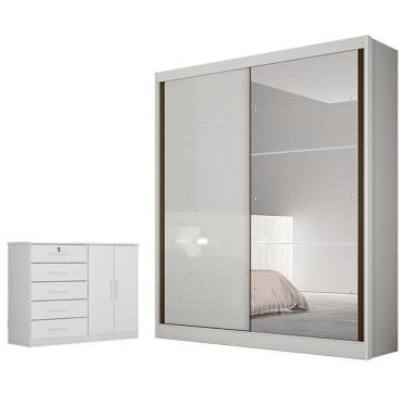 Imagem de Guarda Roupa Solteiro Dante com Espelho e Cômoda Seul Neve - Novo Horizonte