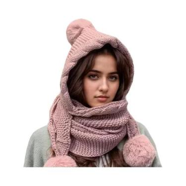 Imagem de Conjunto De Gorro Térmico De Lã Feminino Com Cachecol Integrado E Bala