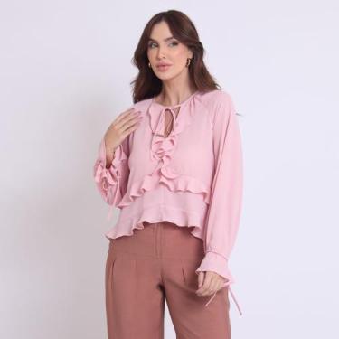 Imagem de Blusa Boho Babados Rosa Manga Longa Miss Joy 8282 Cor:RosaTamanho:42, 