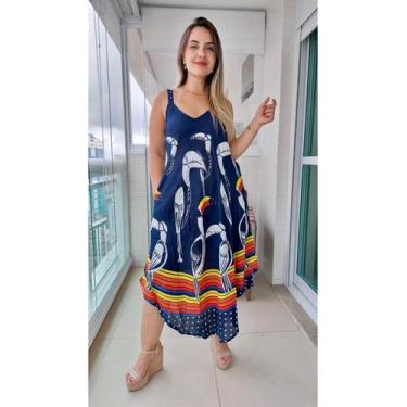Imagem de Vestido Feminino Indiano Alça c/ Regulagem e Bolsos Trapézio Plus Size