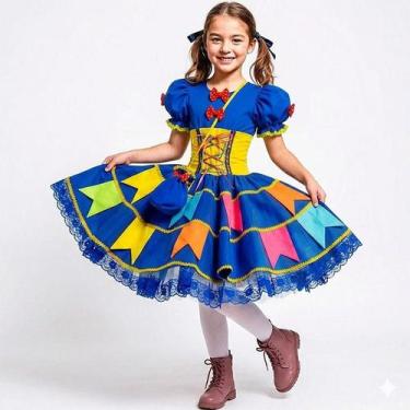 Imagem de Vestido Festa Junina Infantil Luxo Azul Royal Com Bandeirinhas e Bolsa