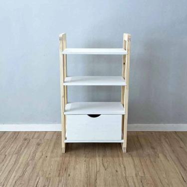 Imagem de Aparador Linea Slim 4 Prateleiras 1 Gaveta Madeira 54cm Branco e Natural Artfactory Design