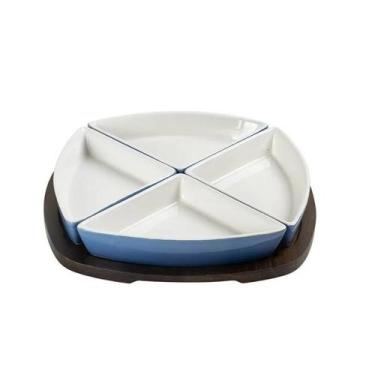 Imagem de Petisqueira Em Madeira Com 4 Bowls Em Cerâmica Azul Degrade BTC