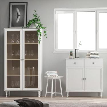 Imagem de Aparador Buffet + Cristaleira R-629 E-957 Retangular 2 Gavetas MDP 120CM Branco com Kit Luz LED Ditália Móveis