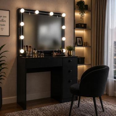 Imagem de Penteadeira Ditália PE-120 4 Gavetas com Espelho Kit Luz LED MDF-MDP Vidro Preto 90,5CM