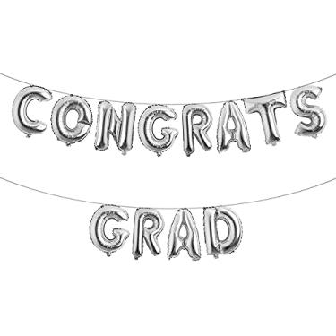 Imagem de Decoração de formatura 2021 | Parabéns banner de balão graduado e 2 bandeiras de galhardete de graduação multicolorida fornecedores de decoração de acessórios de festa de formatura (parabéns prata graduada)