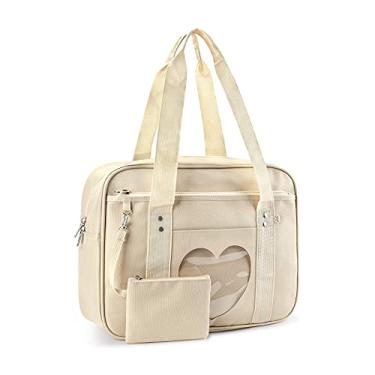 Imagem de STEAMEDBUN Kawaii Ita Bolsa escolar japonesa linda bolsa grande ombro anime coração bolsa, Bege, 14.8x4.8x11 inch (LxWxH)