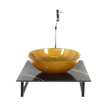 Imagem de KIT CUBA DE VIDRO REDONDA 10MM COM TAMPO DE VIDRO 40CM X 40CM MÁRMORE PRETO DOURADO E SUPORTE TORNEIRA VALVULA