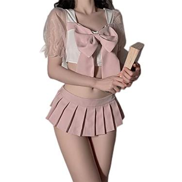 Imagem de Temptshow Japanese anime student maid outfit sexy one-shoulder perspective tube top babydoll cute pleated skirt (pink1)