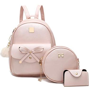Imagem de I IHAYNER Mochila feminina de couro Fahsion com laço e laço de 3 peças, rosa, Medium, Mochila com laço para meninas, conjuntos de mochila feminina, mini mochila para mulheres