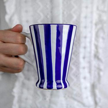 Imagem de Cerâmica listrada azul marinho escuro feita à mão | Café, chá, caneca de latte, xícara com alça grande, presente de cerâmica de designer exclusivo para os amantes de chá da City to Cottage