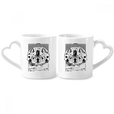 Imagem de Conjunto de canecas de porcelana para casais, padrão de decoração de mosca de esqueleto para amantes de cerâmica com alça de