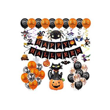 Imagem de Bestgift Decorações de festa de Halloween Conjunto de balões pendurados Feliz Halloween Abóbora