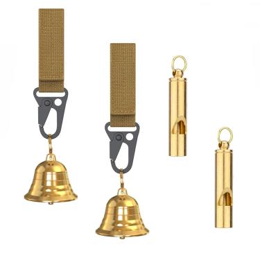 Imagem de kcrygogo Sinos de urso altos de latão sólido de 3,81 cm para caminhantes, com silenciador e apito de emergência para caminhadas, ciclismo, pesca, pesca em rocha (2 conjuntos)