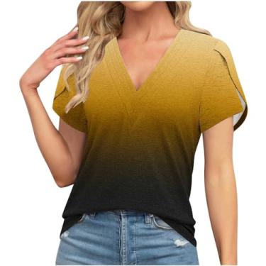 Imagem de Camiseta juvenil lisa solta para mulheres manga curta gola V verão outono 2024, O-697 amarelo mostarda, XG
