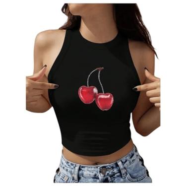 Imagem de BEAUDRM Camiseta regata feminina com estampa de cereja Y2K gola redonda sem mangas casual de verão, Preto, M