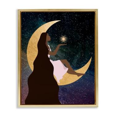 Imagem de Stupell Industries Design de arte de parede em tela flutuante emoldurada de mulher na lua com luz das estrelas por Daniela Santiago, 43 x 53 cm