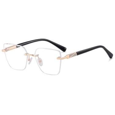 Imagem de Óculos femininos sem aro, lentes quadradas, transparentes, armação de óculos de gato, armação feminina, Moldura dourada preta