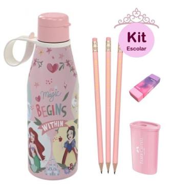 Imagem de Kit Escolar Rosa Pastel Lápis Borracha Apontador + Copo 530ml Plasútil