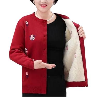 Imagem de Plus Size Vovó Meia-idade Mulheres Idosas Grosso Suéter De Malha Cardigans De Lã Manga Comprida Tops Seniores Senhoras Inverno Outono Top Quente, Red, XL