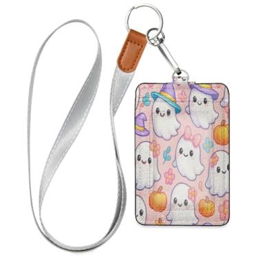Imagem de Wassud Lindo porta-crachá de couro PU Boo-boos com cordão, porta-cartão de identificação para trabalho, cordão de pescoço com compartimentos para cartões de crédito, funcionários, estudantes, 39,9 cm