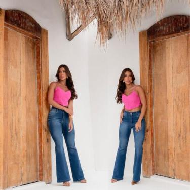 Imagem de Calça Jeans Flare Feminina Premium Cintura Alta Ajuste Perfeito Alonga